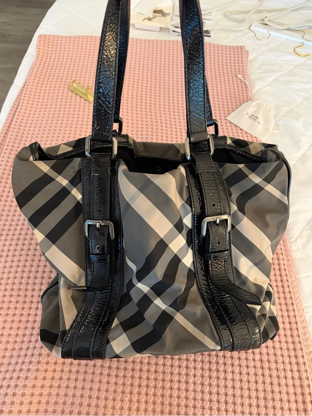 Vintage Burberry Nova Plaid Tote Bag with Patent Leather Straps